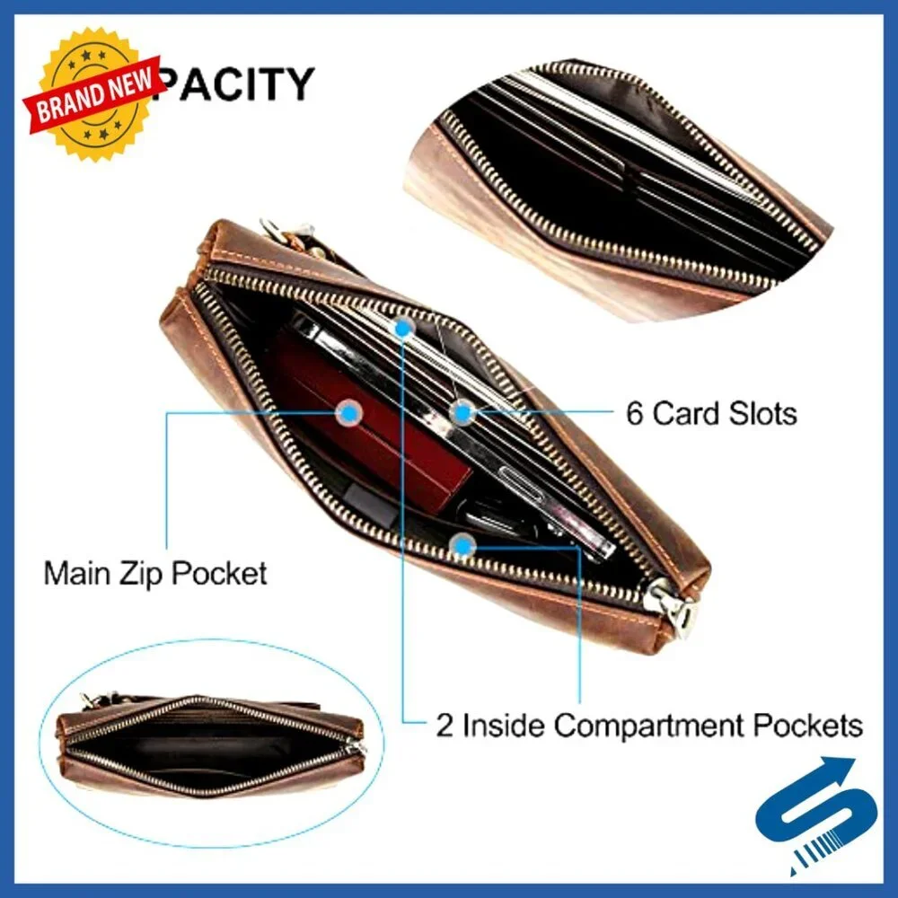 Leather Clutch Wallet for Men, RFID Blocking, Large Capacity Travel Organizer